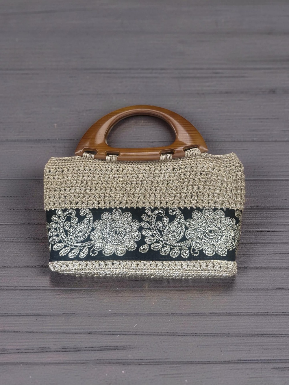 Boho Beige Crochet Mini Handbag with Golden Trim and Design with Wooden Handle